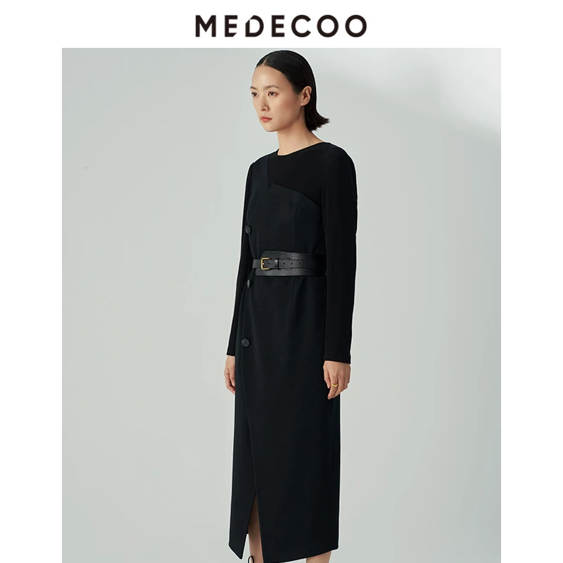 【妍妍专属】墨蒂珂冬季新 拼接长袖斜襟羊毛连衣裙MHD90417