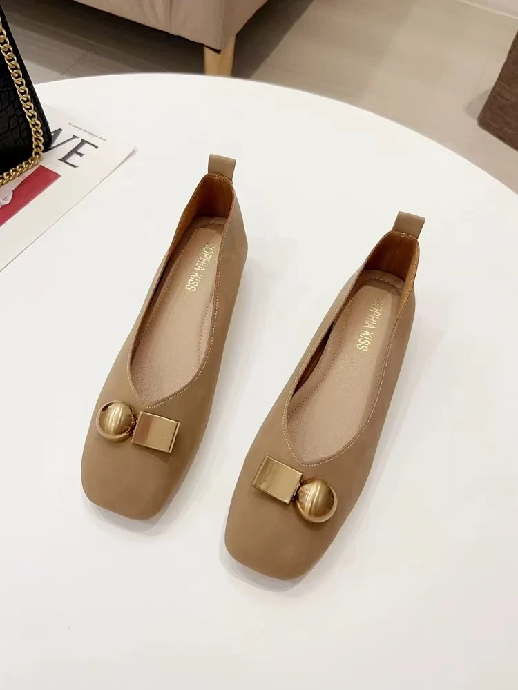 Q23新款韩版金属扣浅口方头低跟鞋舒适百搭单鞋