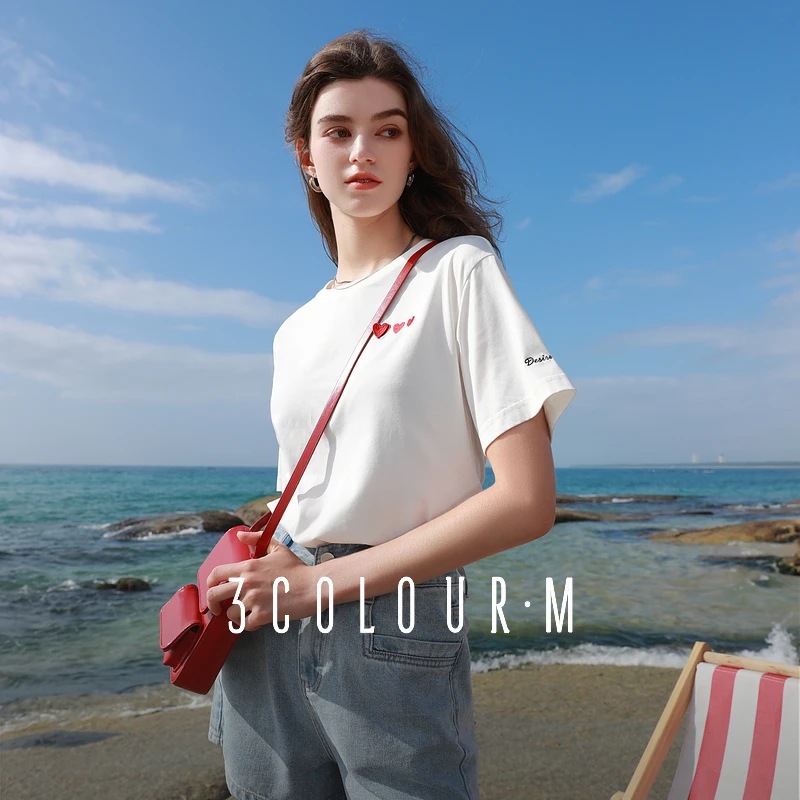 三彩2025夏季新款爱心刺绣短袖T恤圆领宽松套头衫上衣M