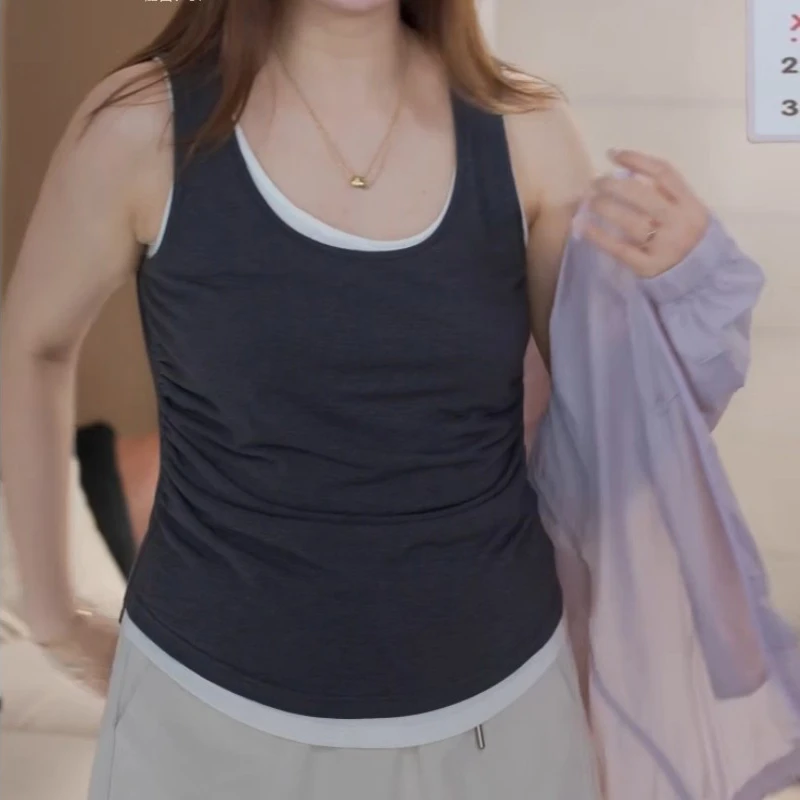 大码假两件无袖针织吊带背心女胖mm夏季宽松显瘦内搭外穿打底上衣