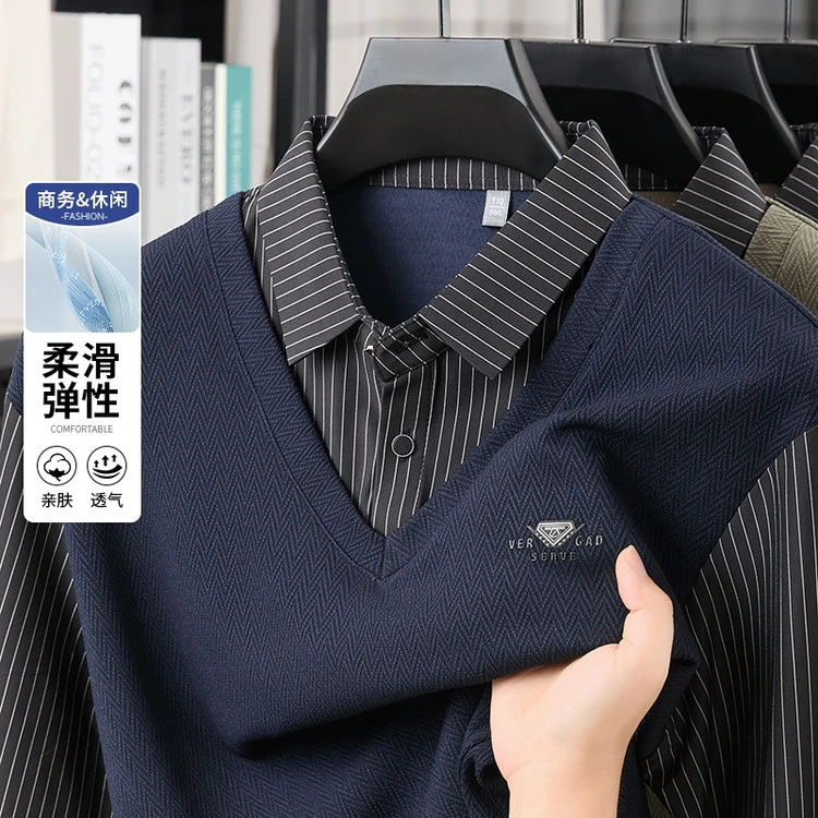 【假两件】男士秋季新款轻奢拼色休闲翻领舒适亲肤百搭长袖Polo衫