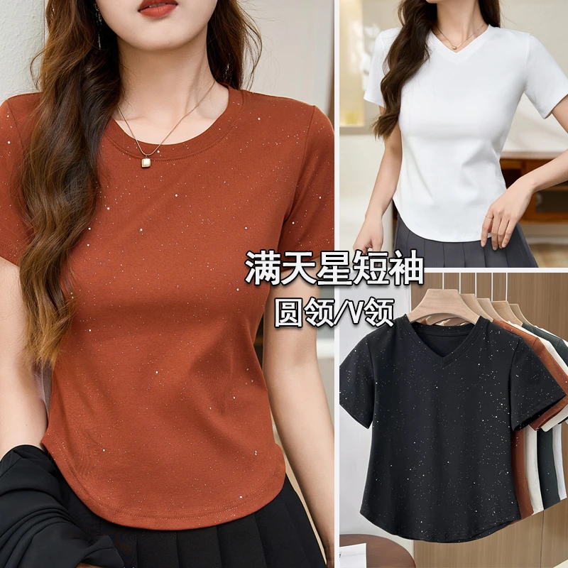 圆领/V领 小个子弧形下摆T恤短袖春夏新款韩版修身不规则半袖上衣