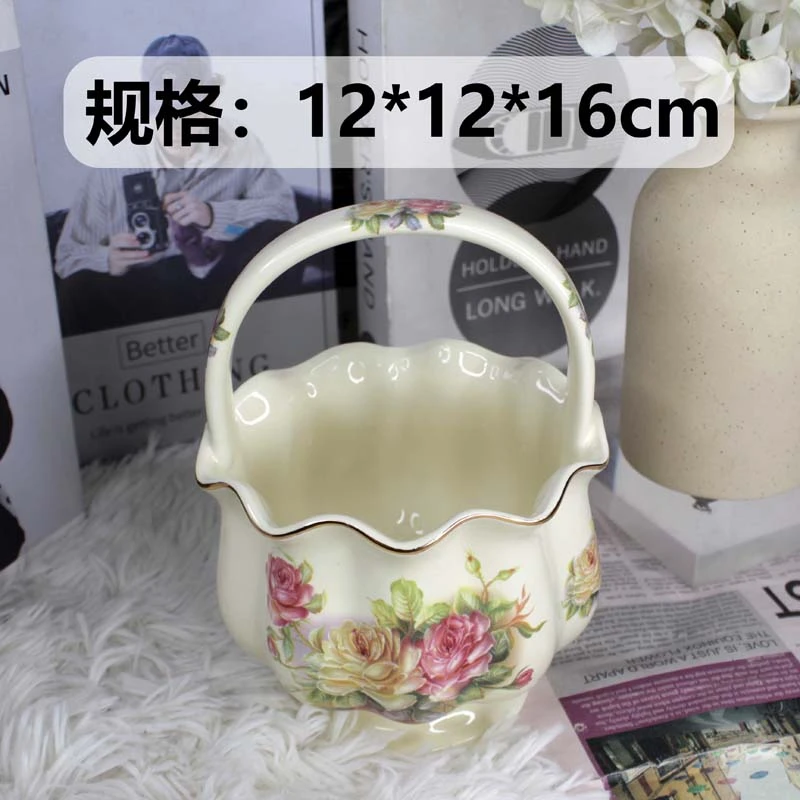 陶瓷欧式老镇玫瑰提篮收纳摆件果篮
