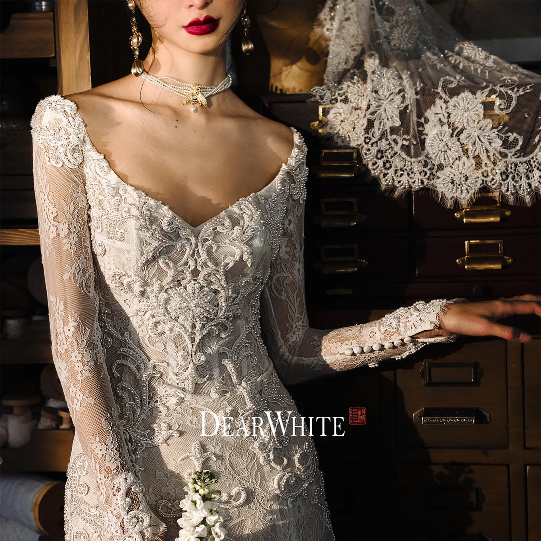 亲爱的白原创《十万烟火》新娘重工鱼尾婚纱主纱法式蕾丝订婚礼服