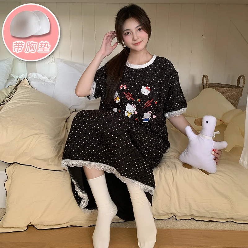 庆同2025新款睡裙女夏季短袖带胸垫蕾丝花边甜美可爱卡通家居服