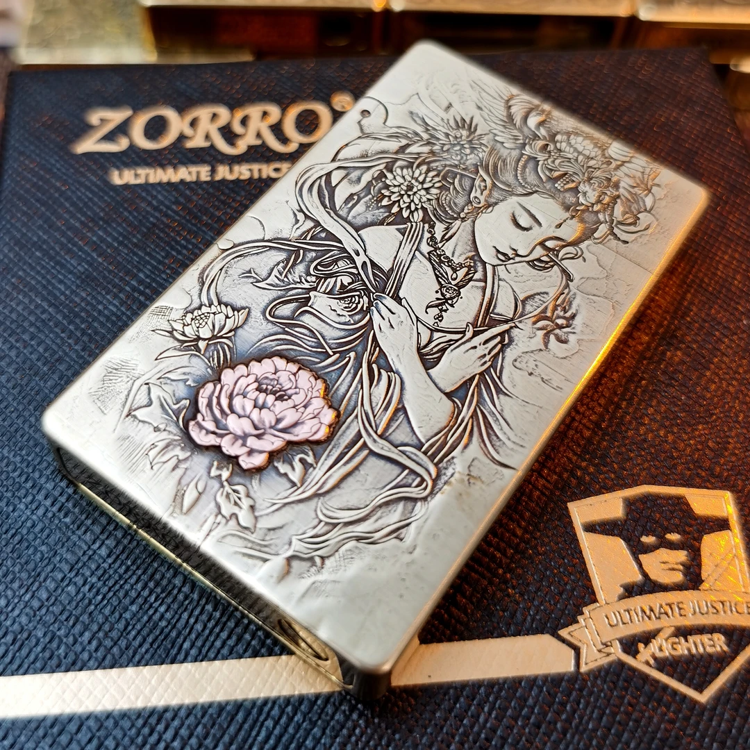 ZORRO佐罗超薄朗声799煤油打火机深雕镶嵌风华雪月纯黄铜一体钢音