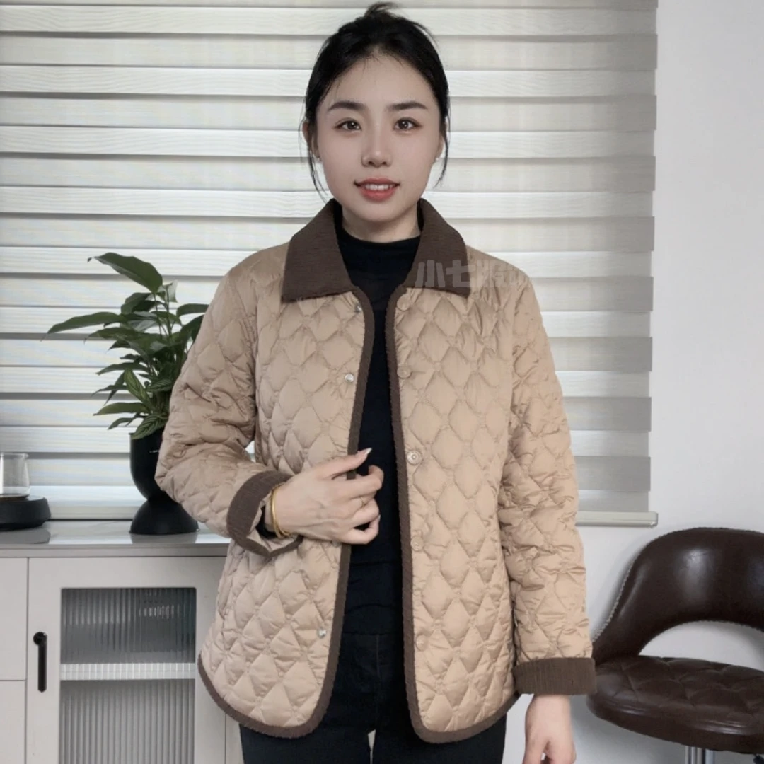 秋冬新款棉服冬季外套宽松时尚保暖潮流韩版拼接菱格妈妈【条纹领】