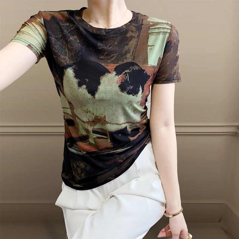 欧货小衫女2025夏装新款水墨画印花短袖T恤修身薄款网纱半袖上衣