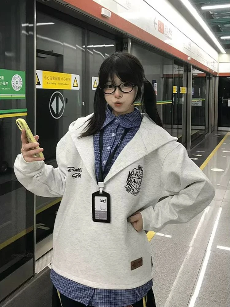 美式复古刺绣oversize假两件卫衣女春秋学院风藏青色小众设计感