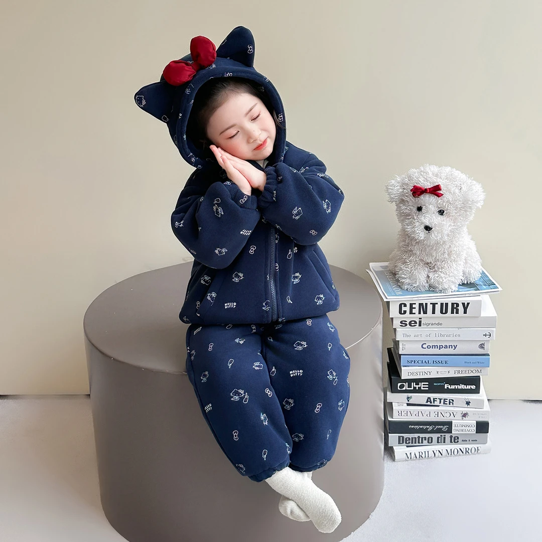 女童夹棉睡衣秋冬季2025新款女孩宝宝卡通加绒加厚儿童冬款家居服