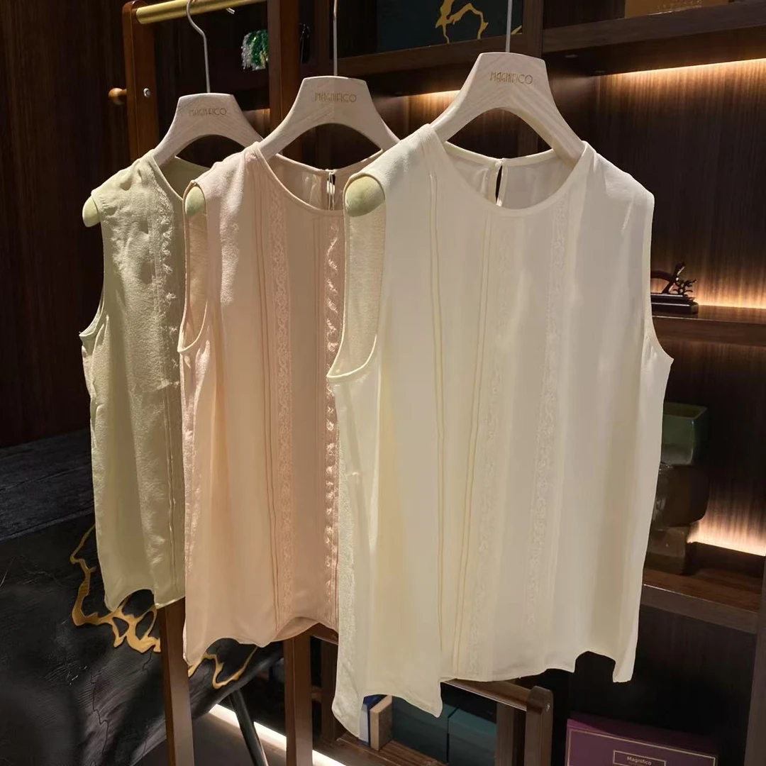 19姆米鬼绉 真丝蕾丝背心 BX0214