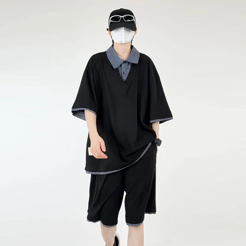 假两件肌理感衬衫领宽松短袖套装男士夏季t恤宽松体恤衫简约短裤