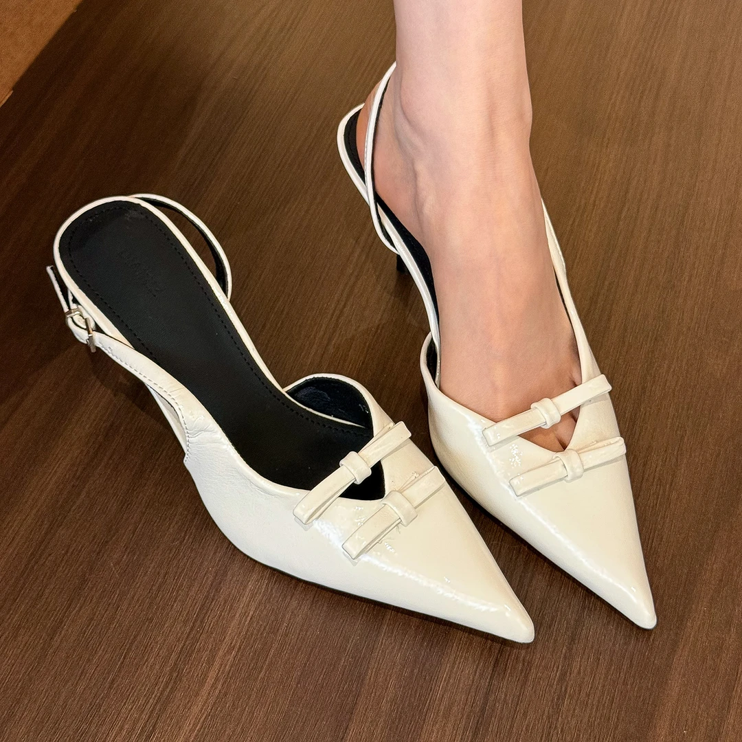 elingstudio 温柔显瘦！白色尖头蝴蝶结后空凉鞋女春夏细高跟鞋子