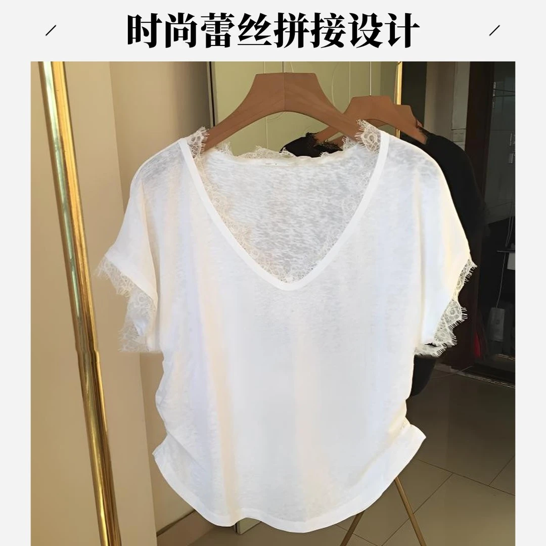 2025夏季新款白色短袖T恤女雪花棉蕾丝边v领气质收腰爆款显瘦上衣