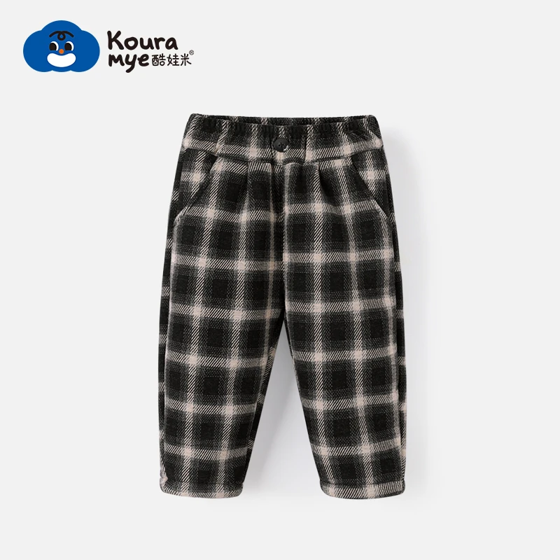 酷娃米冬季新款儿童裤子中小男女童时尚百搭加厚加绒格子裤70266