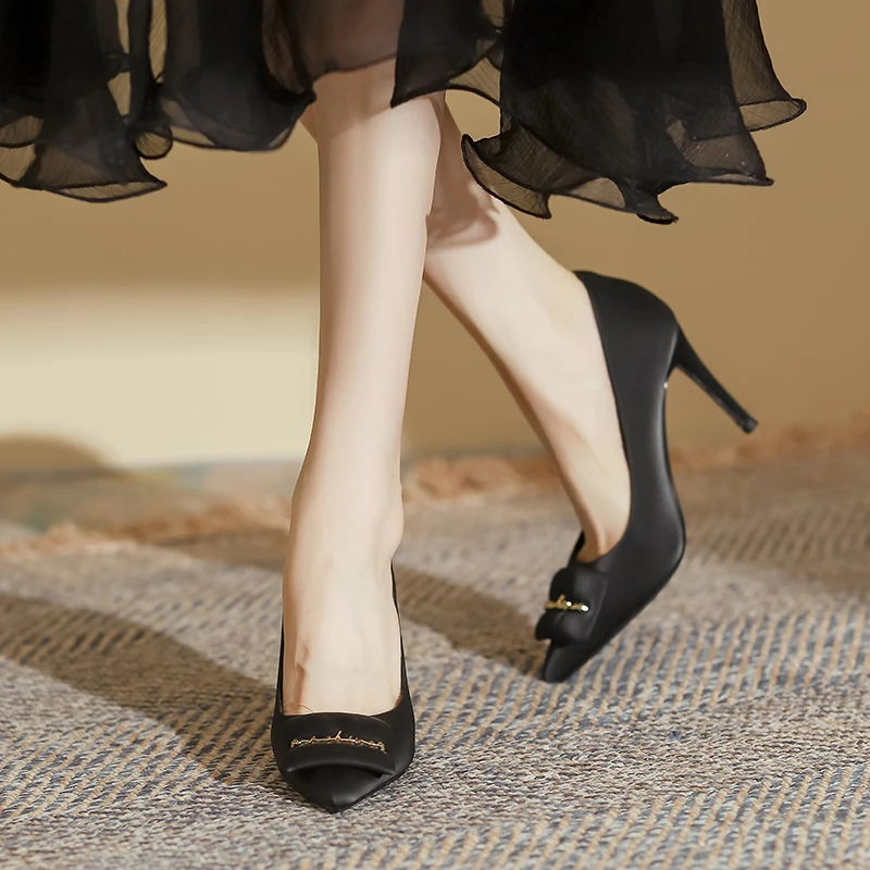 绸缎面9CM高跟鞋真皮垫不累脚女单鞋法式尖头细跟OL职业女鞋子