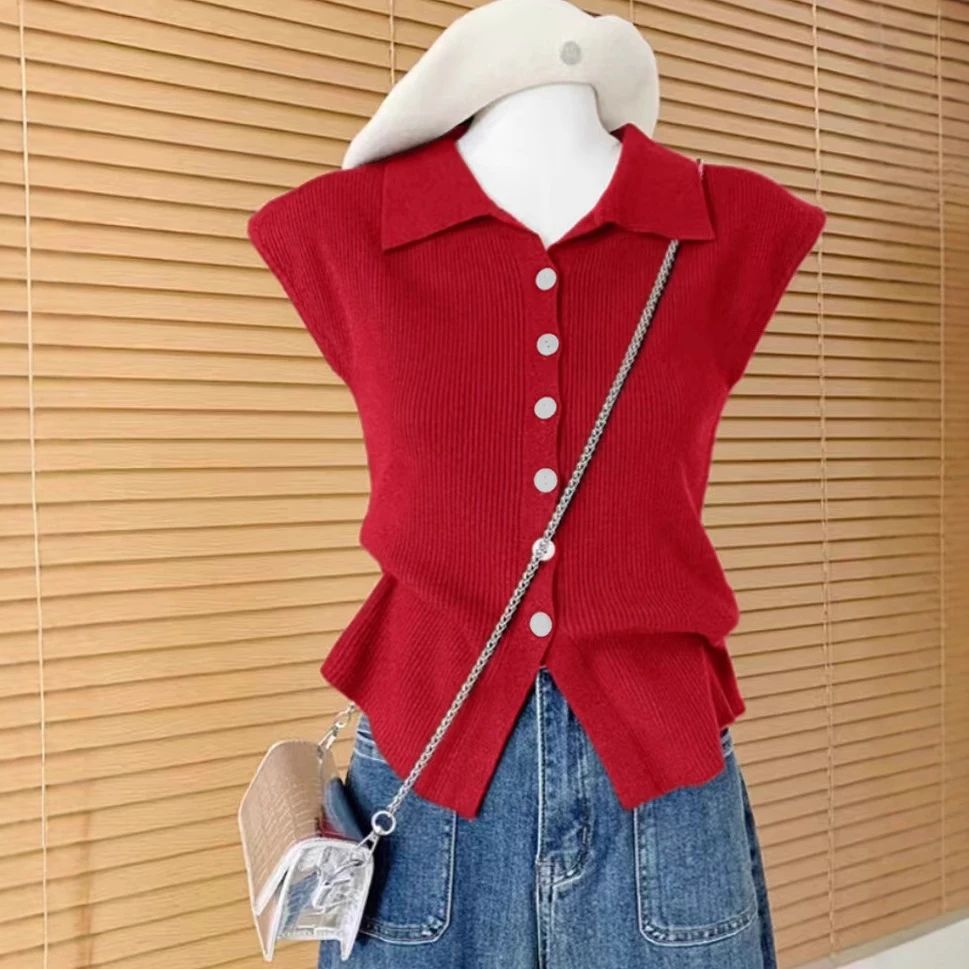 法式设计感POLO领针织背心女2025年夏季穿搭修身显瘦坎肩无袖上衣