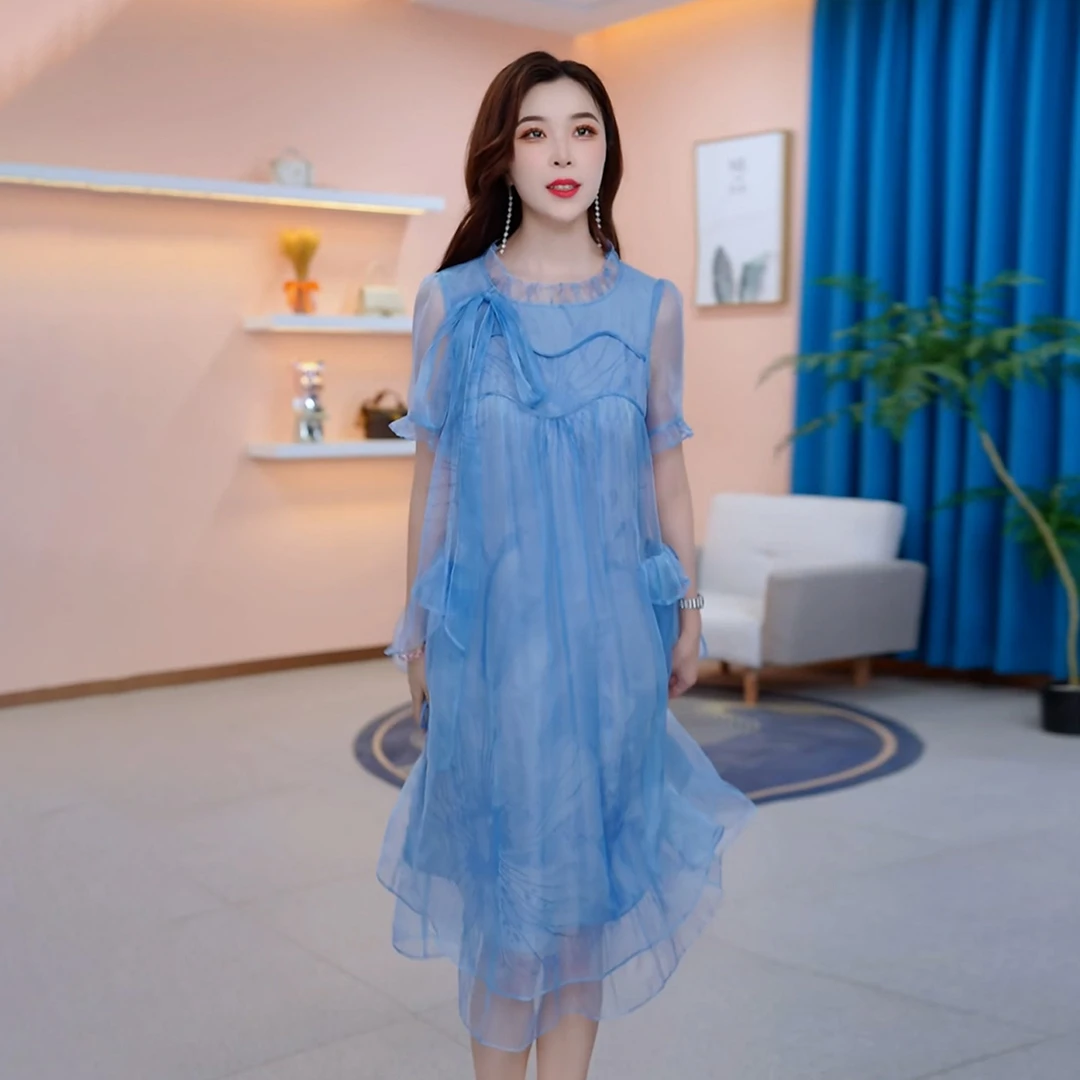 蓝色连衣裙2025年夏季新款高贵上档次女装修身显瘦遮肚裙子女士