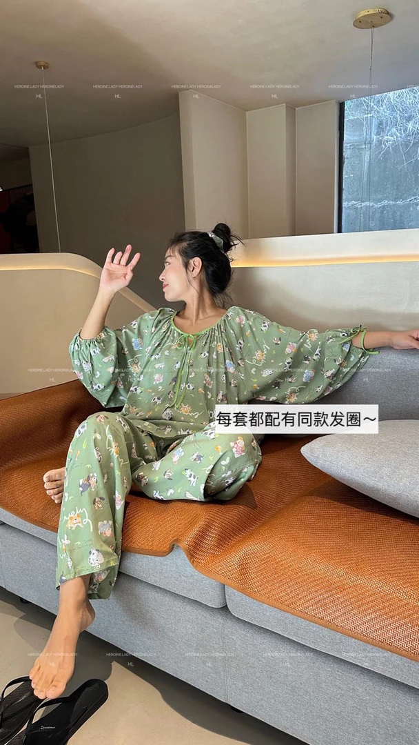 【爱你】HL棉绸夏季居家长袖舒适防凸点宽松睡衣套装空调服（带胸垫）