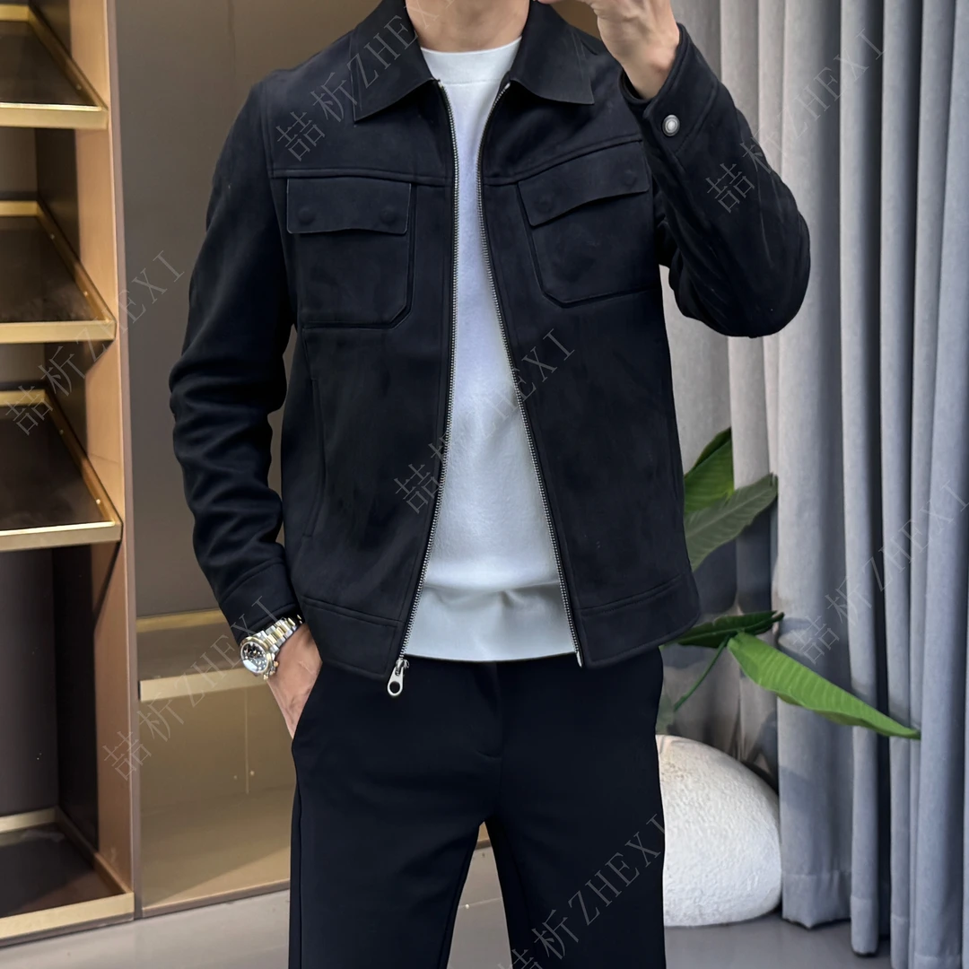 25秋季男士休闲麂皮绒夹克工装外套修身简约气质款时尚欧货百搭