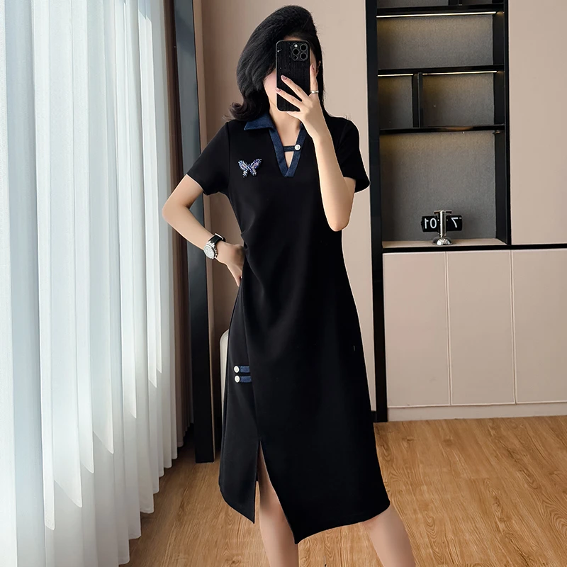 法式v领蝴蝶开叉t恤裙子女款爆款2025新款高级感轻奢大码连衣裙夏