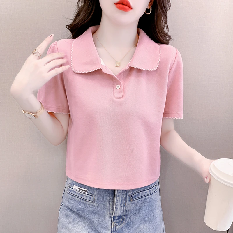 夏季2025新款小个子polo领正肩短袖T恤女士时尚百搭气质短款上衣