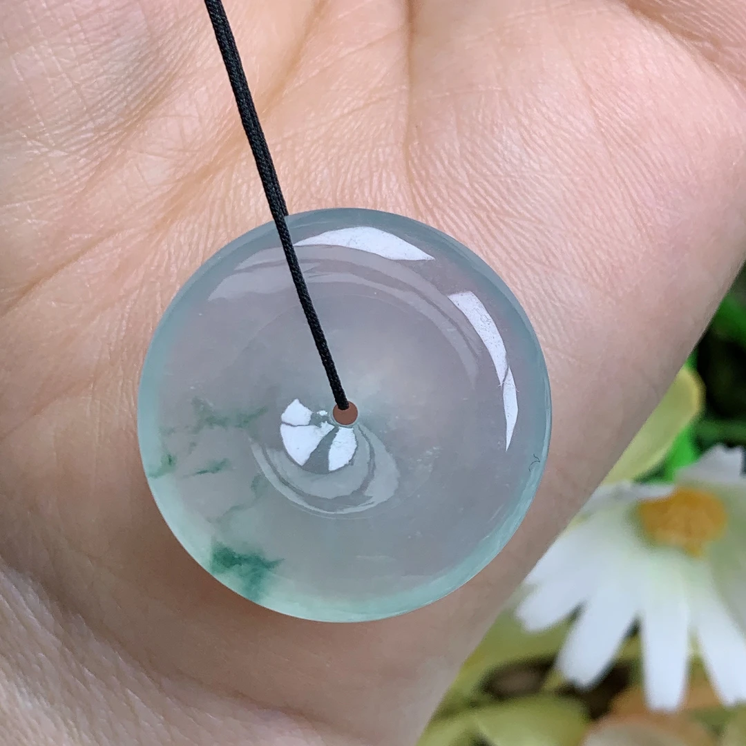 缅甸天然翡翠a货玉石高冰起胶飘花平安扣吊坠钟尺寸27/6.2mm