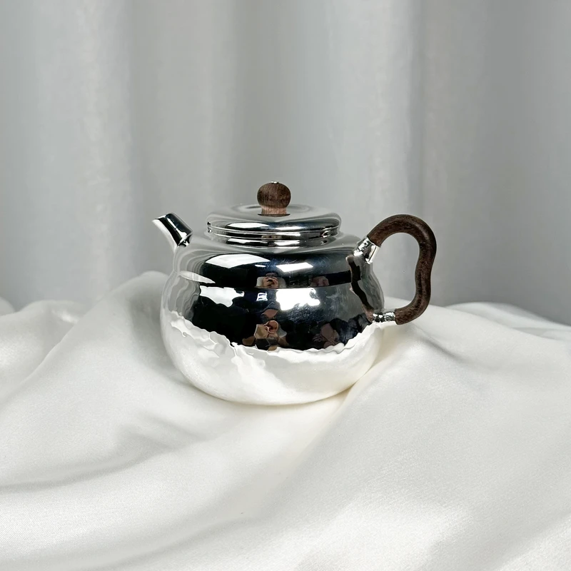 手作檀木双层葫芦锤纹壶素面款家用泡茶银壶
