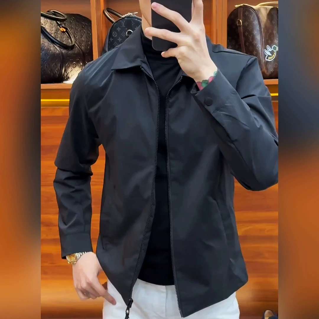 2025春季商务休闲行政夹克男士拉链纯色百搭时尚修身翻领黑色外套
