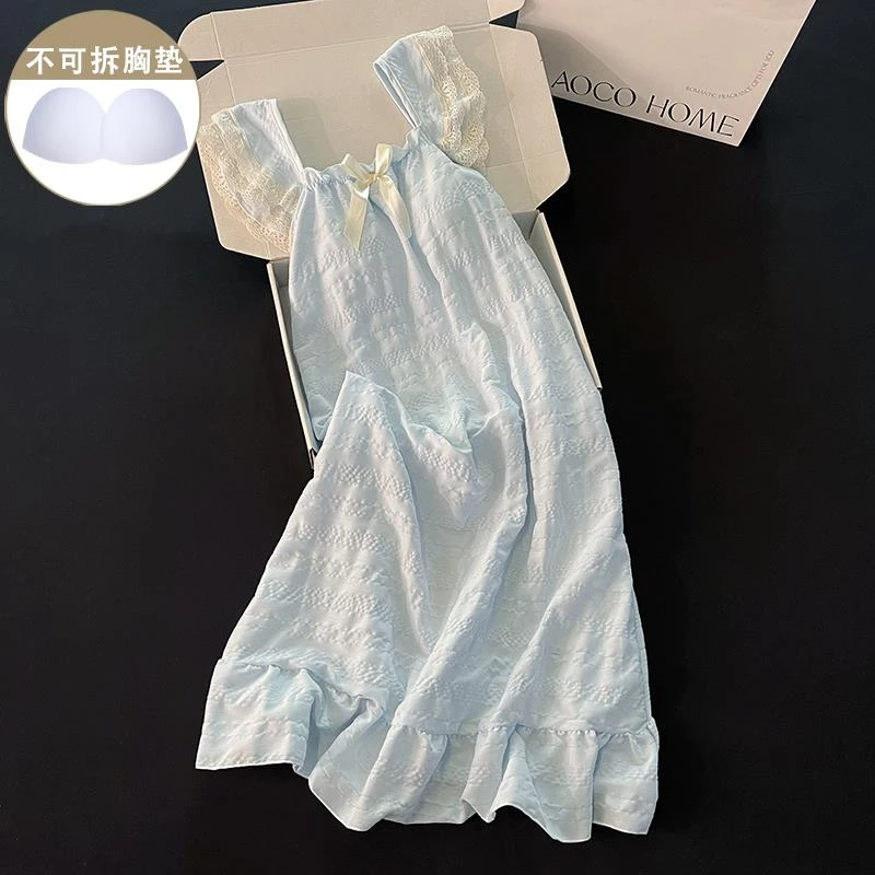 GPSUNLU蓝色蝴蝶结睡衣裙女夏季小飞袖带胸垫网红风纯棉家居服