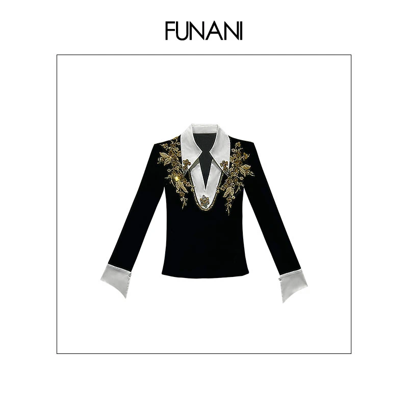 【FUNANI】polo领衬衫时尚拼接重工v领小个子女装气质上衣X2530874A