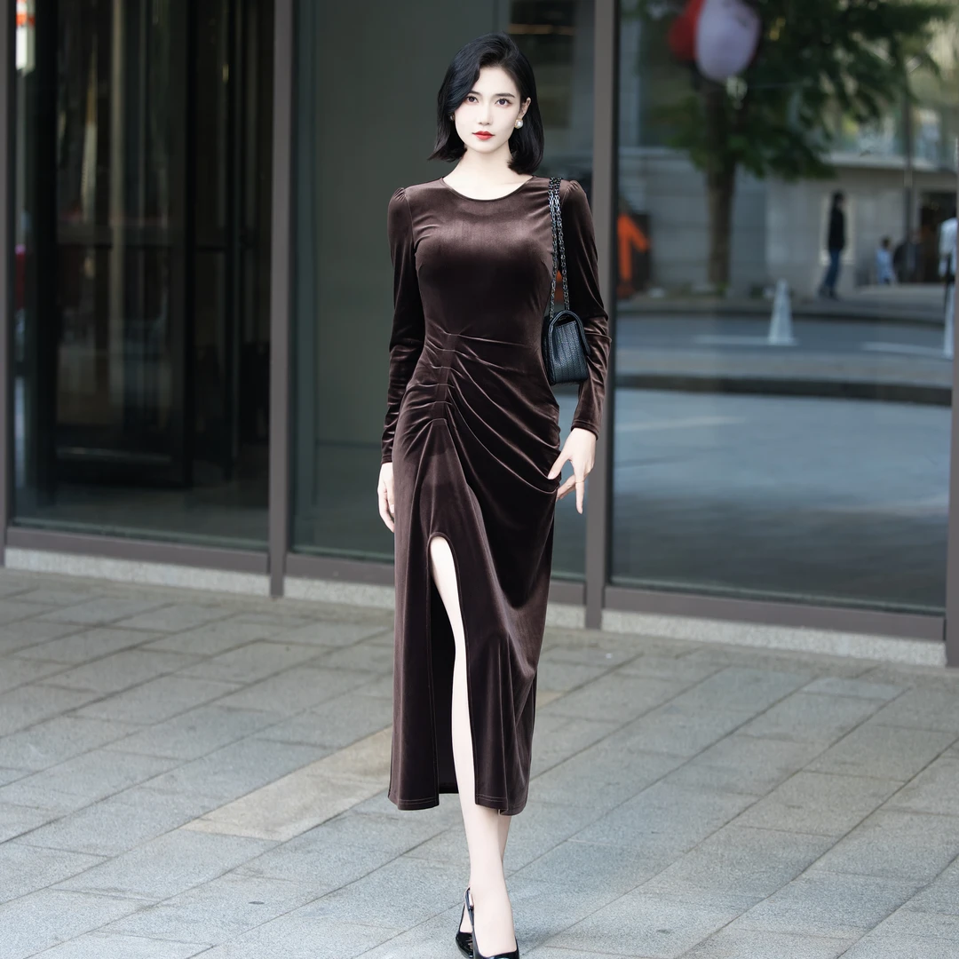 ANANY/艾嘉妮【华尔兹】秋冬新款高定显瘦收腰设计款连衣裙L-40284