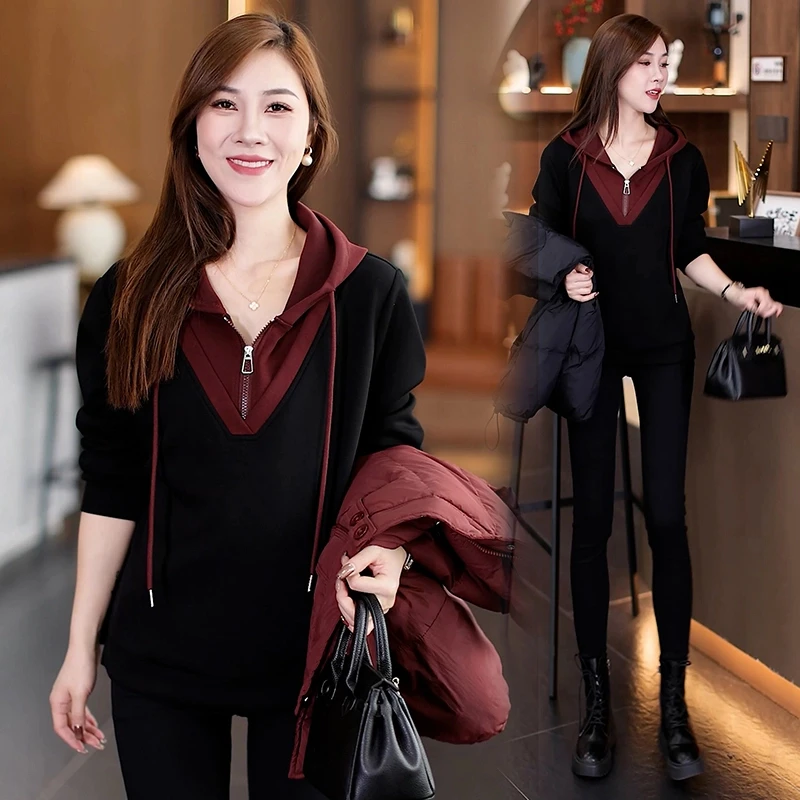 假两件秋季卫衣女2024新款爆款小众潮牌高级感拼接连帽长袖上衣