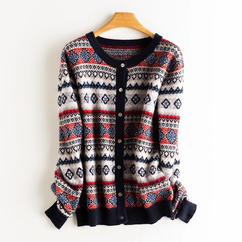 女士100%山羊绒民族风开衫精致多彩气质休闲百搭外穿打底