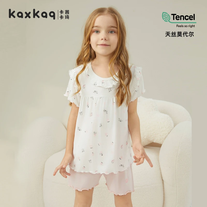 卡茜卡琦儿童睡衣女孩莫代尔家居服套装夏款薄款短袖女大童宝宝