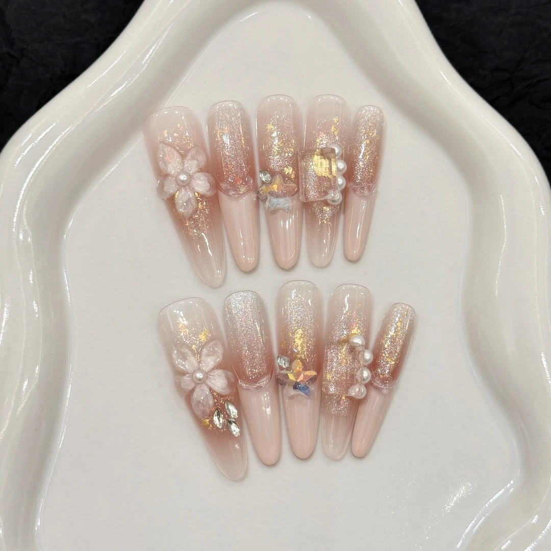 【粉梦悸语】裸粉色渐变法式雕花细闪美甲纯手工可拆卸假指甲穿戴甲