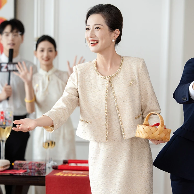 高贵小香风喜婆婆喜妈妈婚宴装2025新款秋装婚礼服装丈母娘礼服女