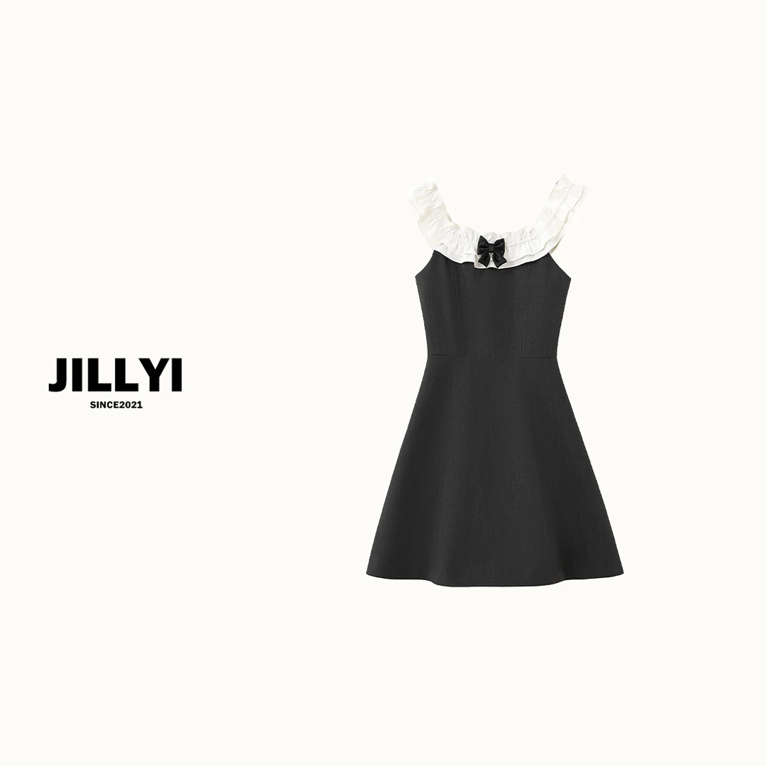 JILLYI南山店【初恋气息】灰白拼接U型领蝴蝶结夏季气质洋气休闲连