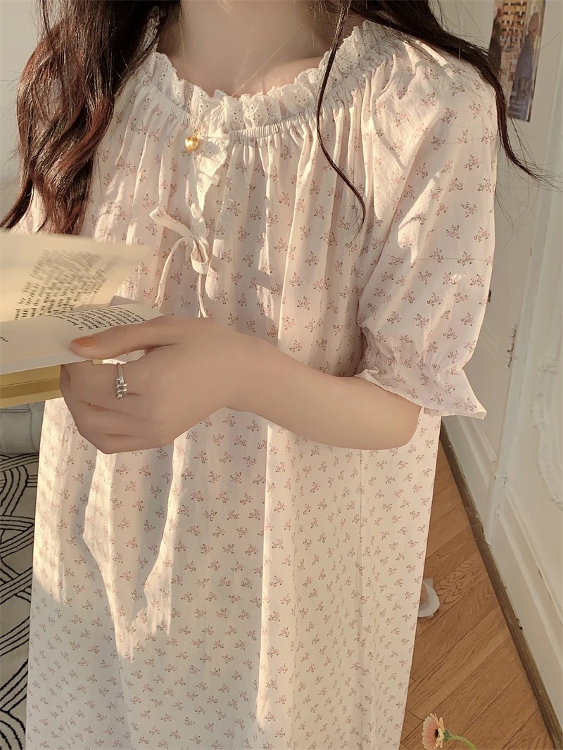韩国ins甜美碎花纯棉睡裙女夏季短袖一字领花边田园风睡衣家居服