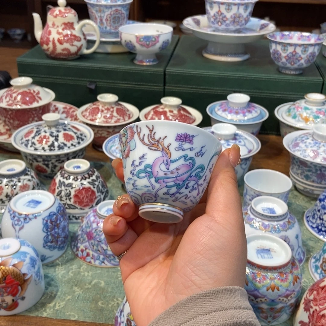 杯冉月观隐斗彩九色鹿铃铛杯