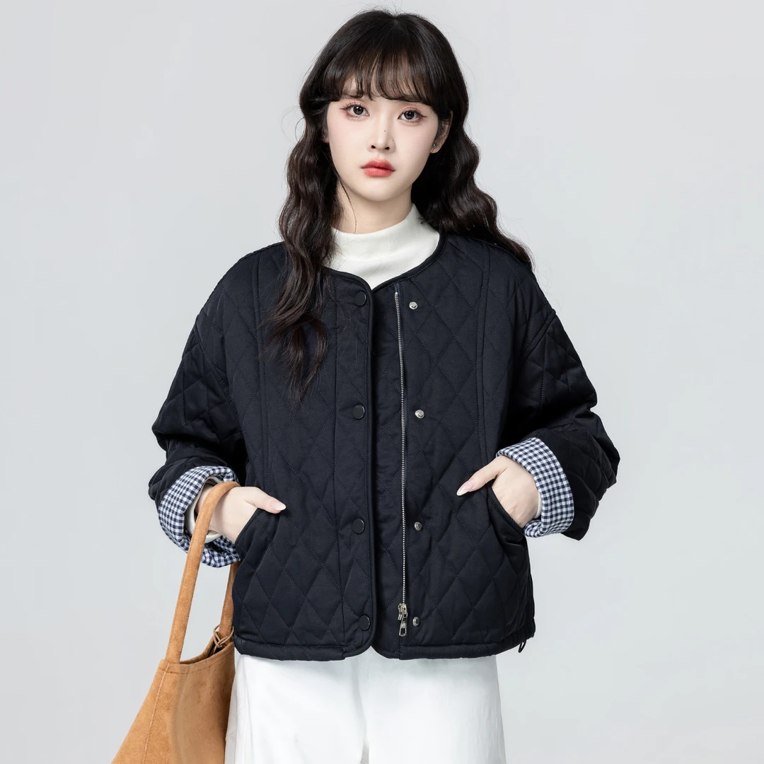 复古蓝色圆领棉服外套女冬2025冬季新款格子拼接菱格棉衣短款上衣