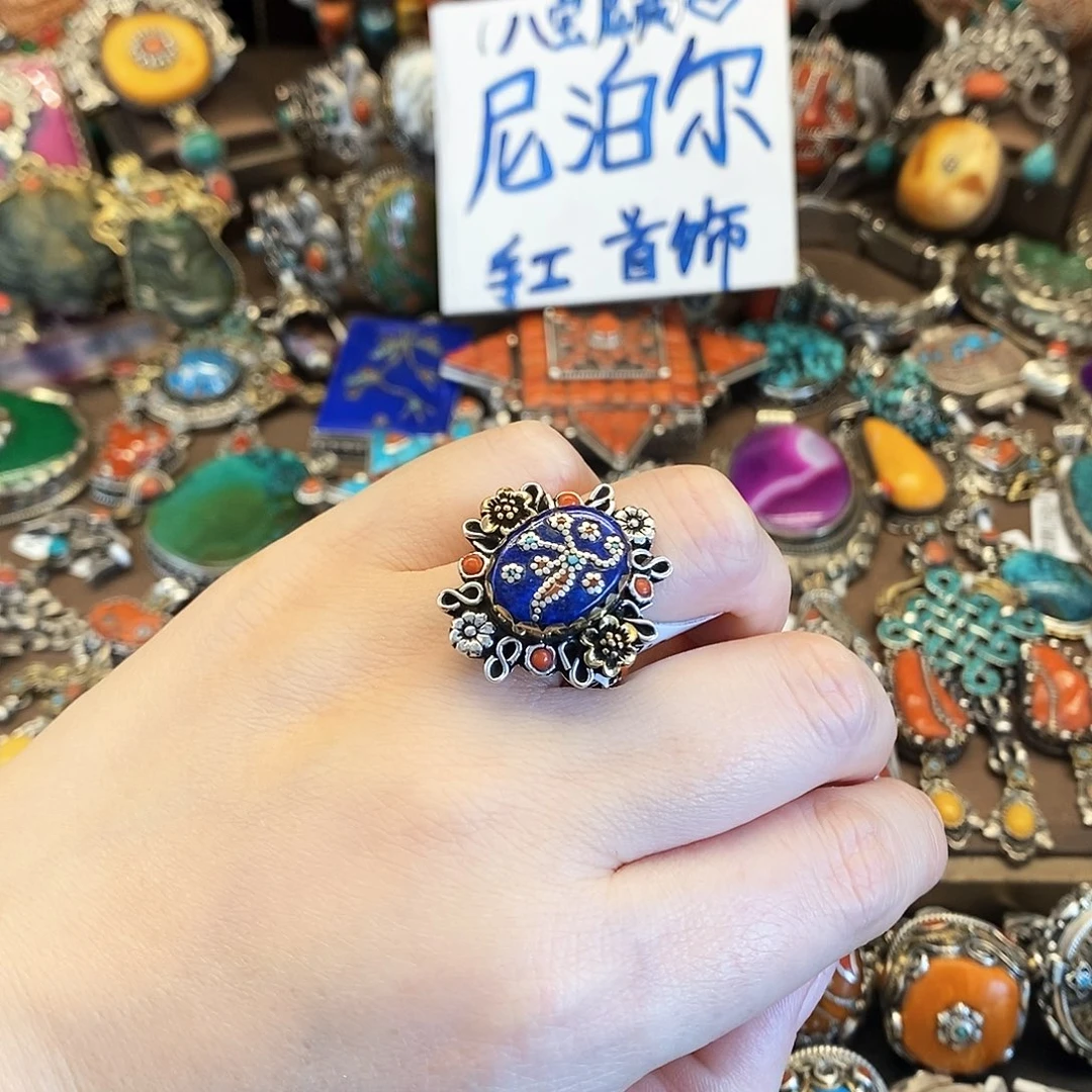 银S925镶嵌青金石戒指八宝尼藏直播间