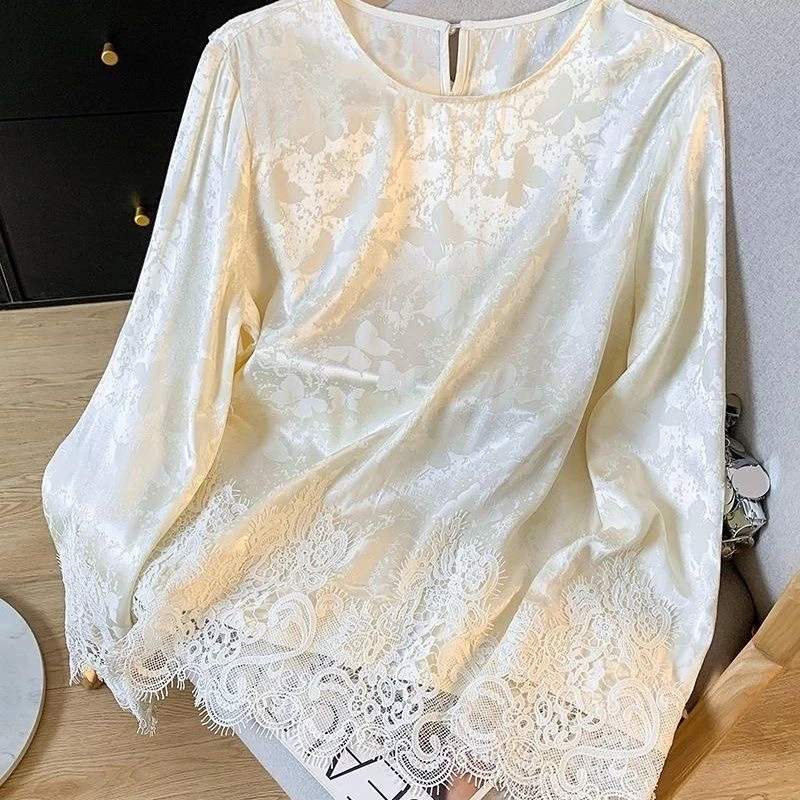 新中式国风钩花蕾丝拼接提花衬衫打底衫上衣宽松内搭