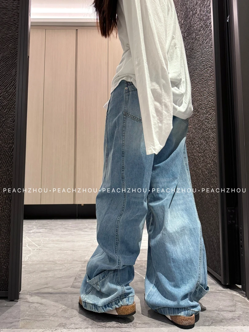 『PEACHZHOU』侧缝裤脚口袋水洗宽松牛仔裤慵懒休闲松驰阔腿弯刀裤