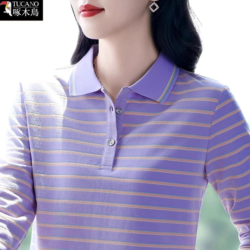 啄木鸟春秋季长袖纽扣POLO衫新款显瘦翻领条纹拼色百搭上衣T恤女