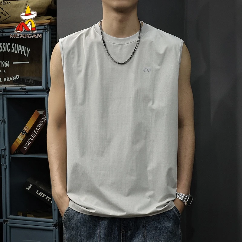 Mexican/稻草人美式复古男士夏季背心宽松休闲运动男款无袖t恤薄