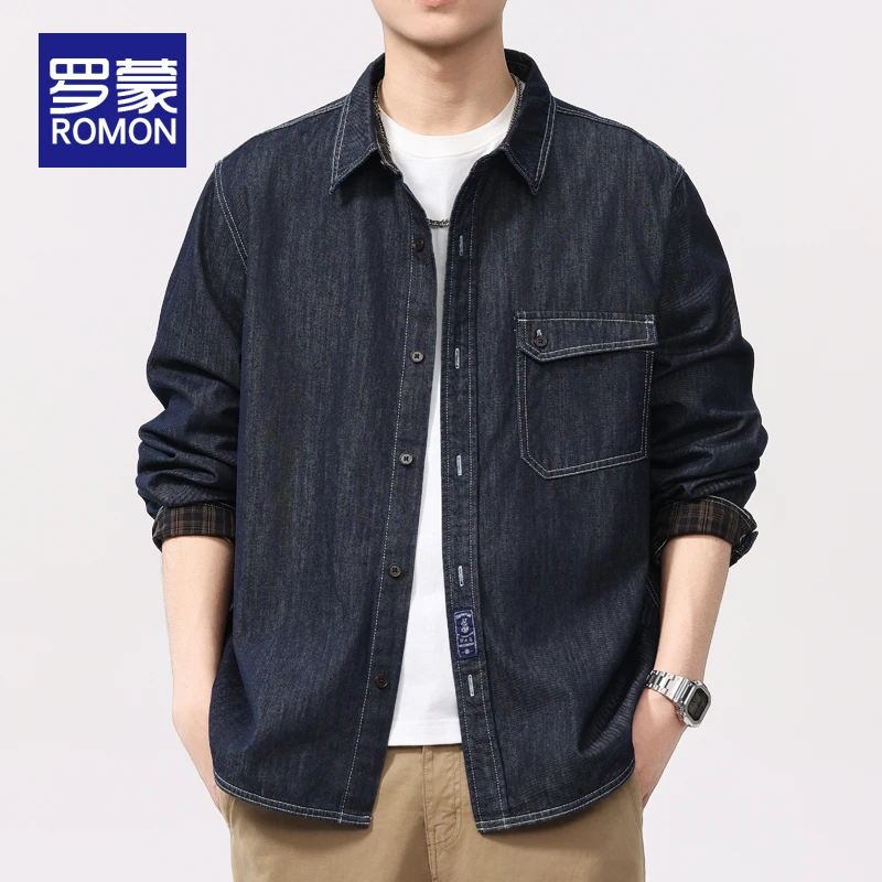 罗蒙男士长袖翻领纯棉衬衫秋季新款美式宽松复古潮流衬衣男秋冬款
