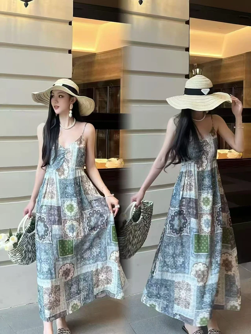 【BAI】夏季苎麻天丝碎花印花薄款复古吊带裙长款无袖62231