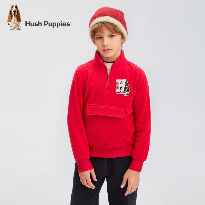 暇步士童装秋季款时尚青春感休闲双面摇粒绒半拉链卫衣