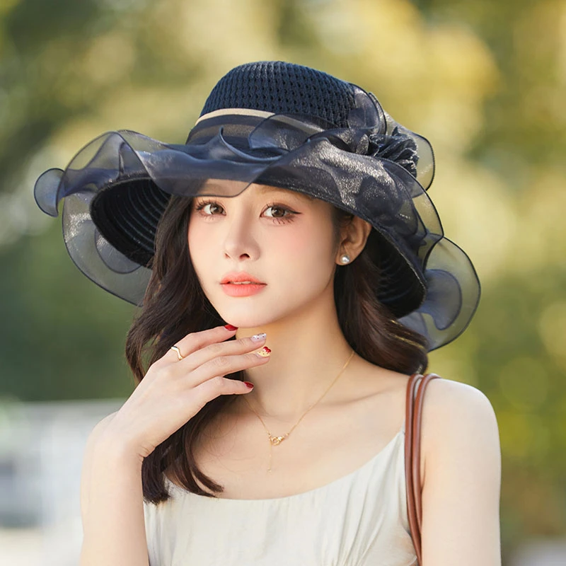 新款欧根纱大檐森系花朵遮阳帽女优雅高级感渔夫帽防晒出游太阳帽